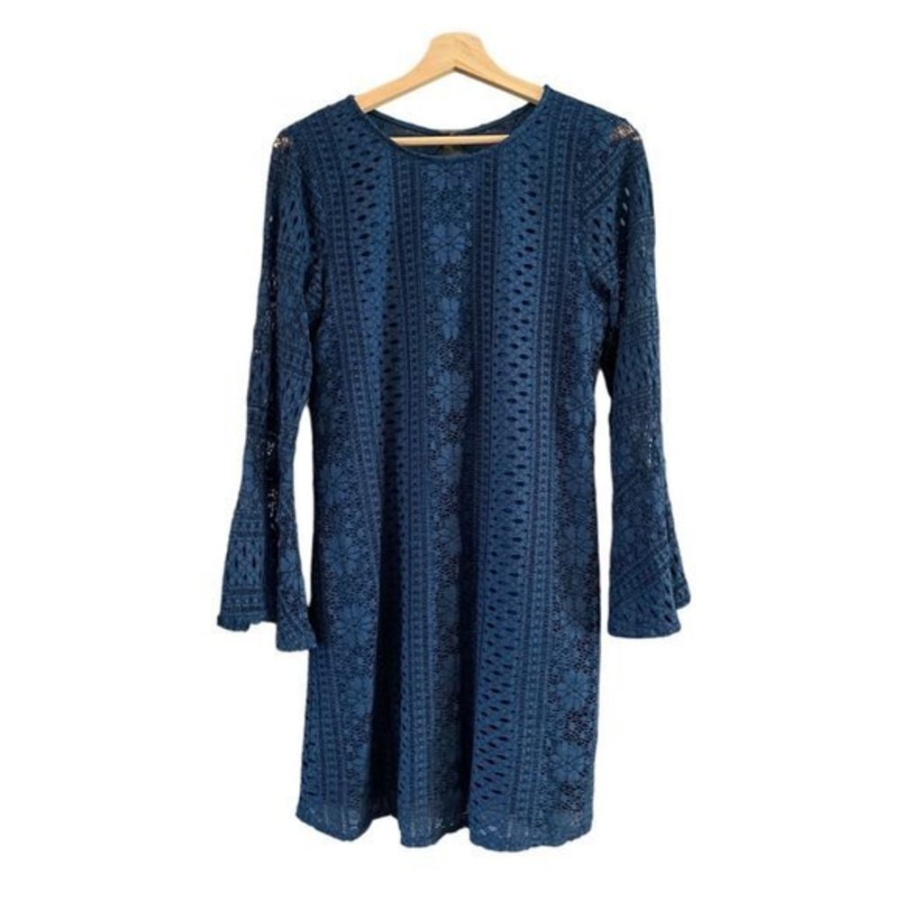 Francescas Blue Lace Bell Sleeve Dress Boho Wedding Guest Shift Mini Medium